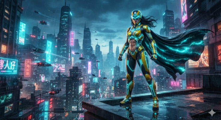 A high-octane, cinematic wide-angle shot of a futuristic superhero.