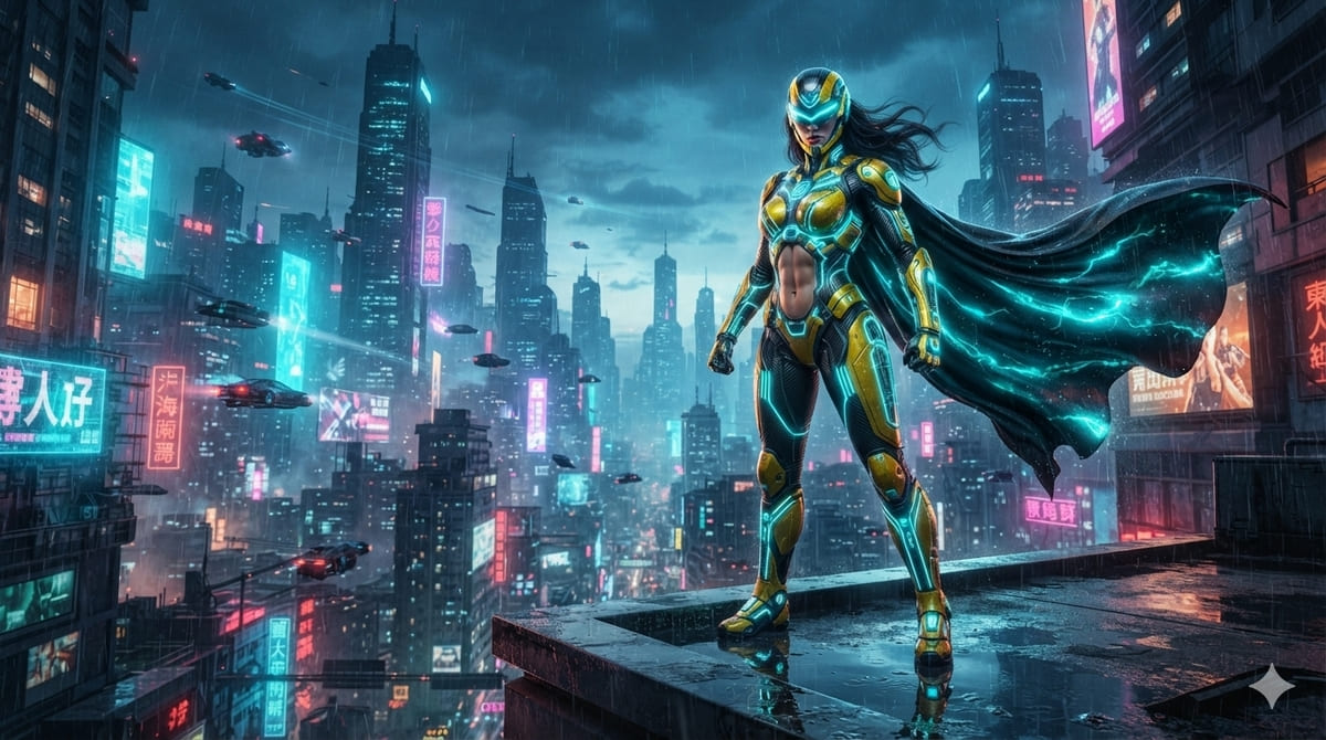 A high-octane, cinematic wide-angle shot of a futuristic superhero.