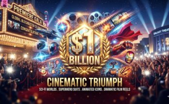 Futuristic AI illustration representing the 2026 billion-dollar movie blockbusters featuring cinematic superhero and sci-fi elements.