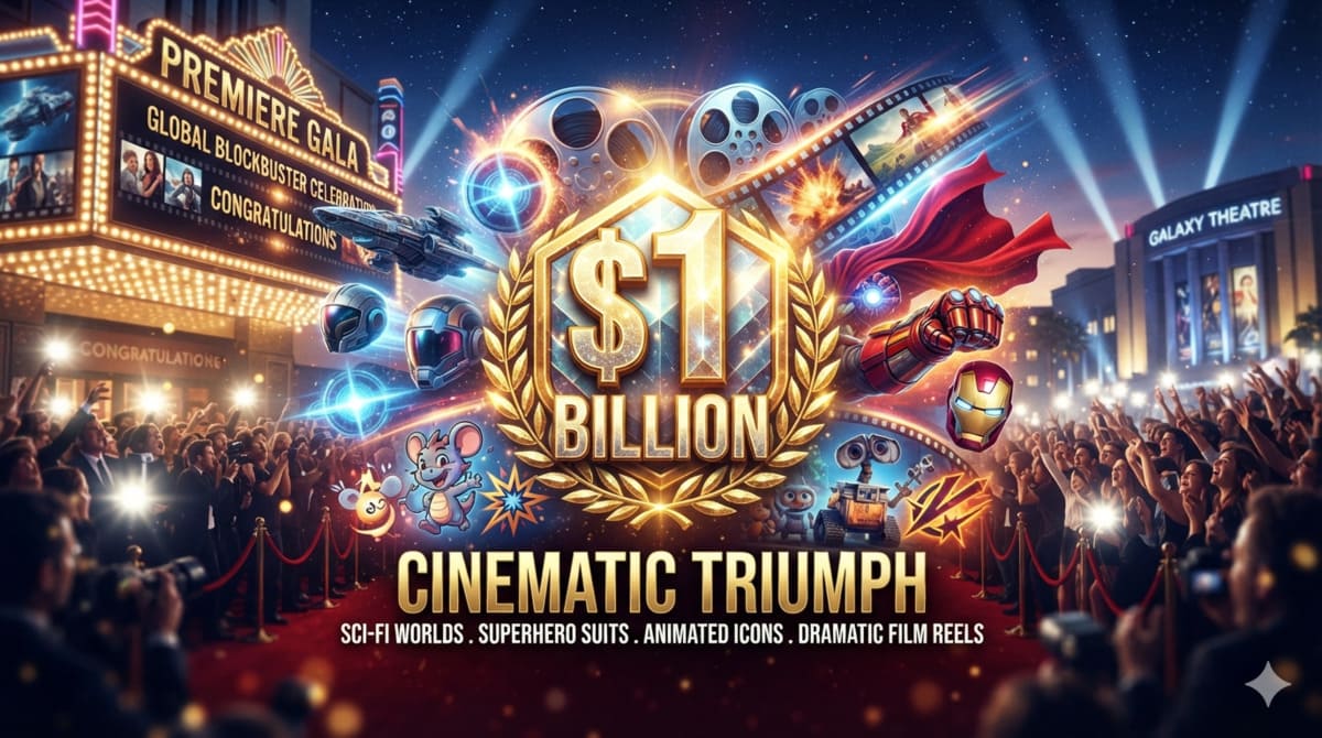 Futuristic AI illustration representing the 2026 billion-dollar movie blockbusters featuring cinematic superhero and sci-fi elements.