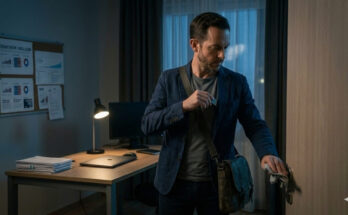 Elias Thorne secures encrypted election evidence before leaving the safe house in THE SMOKESCREEN.