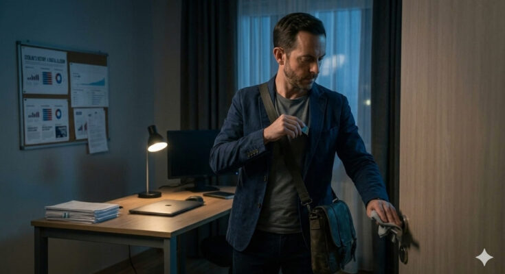 Elias Thorne secures encrypted election evidence before leaving the safe house in THE SMOKESCREEN.