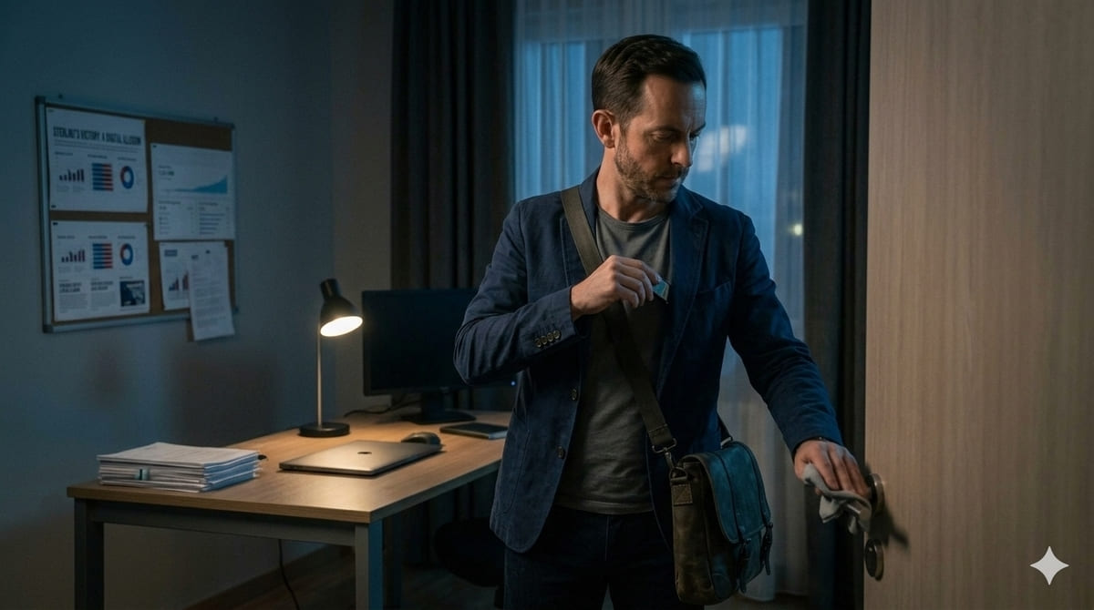 Elias Thorne secures encrypted election evidence before leaving the safe house in THE SMOKESCREEN.