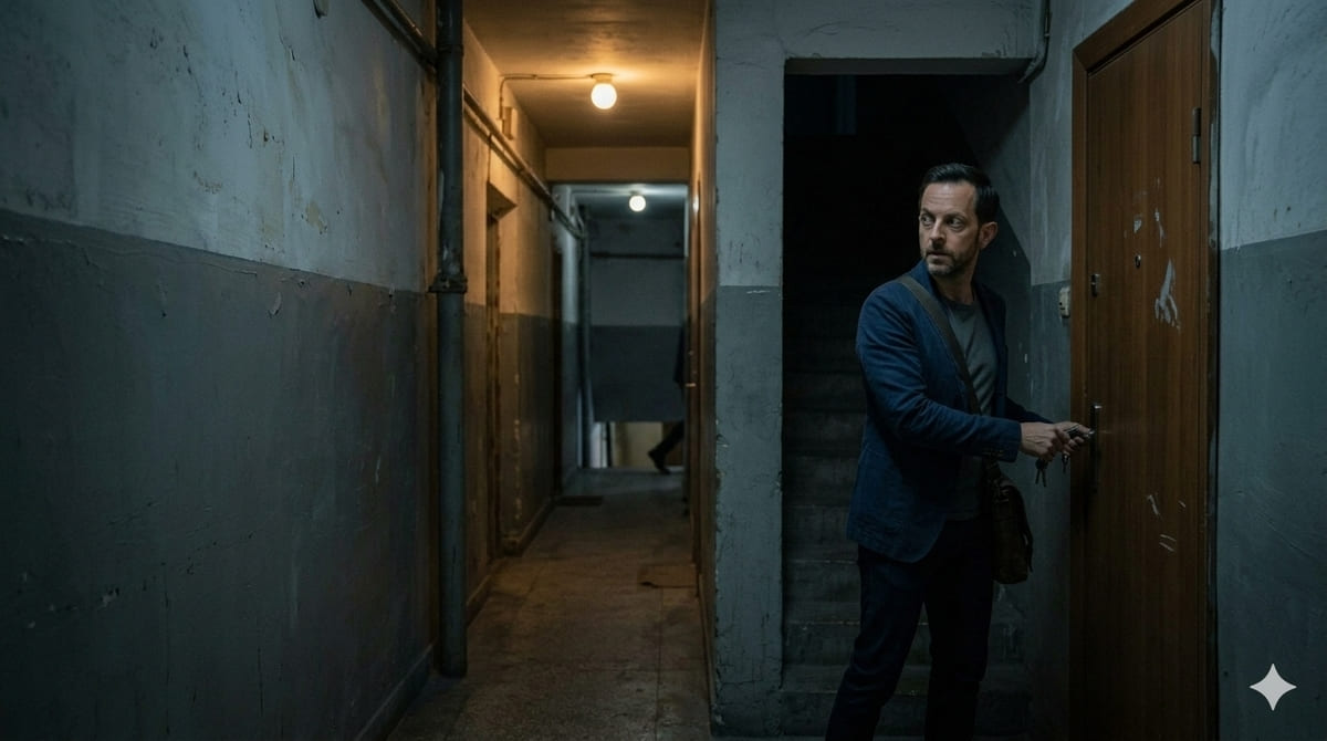 Elias Thorne quietly leaves the safe house at night in THE SMOKESCREEN.