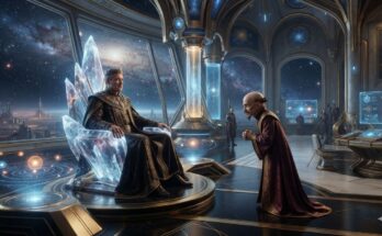 King Goodhat discusses the future of the Radon Empire with his counsellor Samwel in a futuristic royal chamber from Robojit and the Sand Planet.