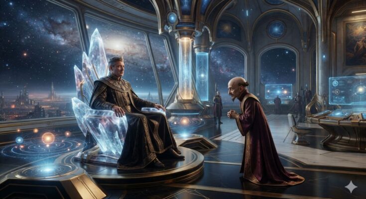 King Goodhat discusses the future of the Radon Empire with his counsellor Samwel in a futuristic royal chamber from Robojit and the Sand Planet.