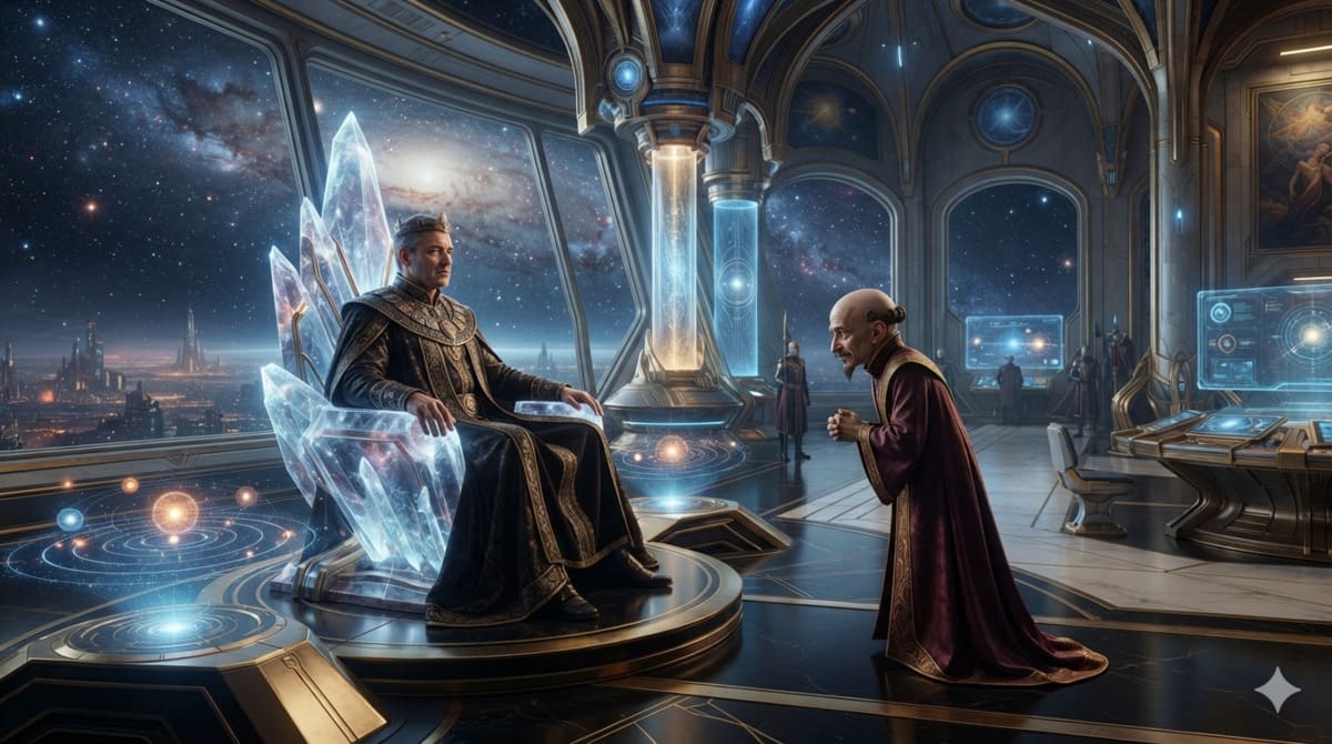 King Goodhat discusses the future of the Radon Empire with his counsellor Samwel in a futuristic royal chamber from Robojit and the Sand Planet.