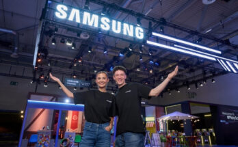 Samsung Gaming Solutions exhibition booth at Gamescom 2026 displaying Odyssey monitors and Galaxy devices.