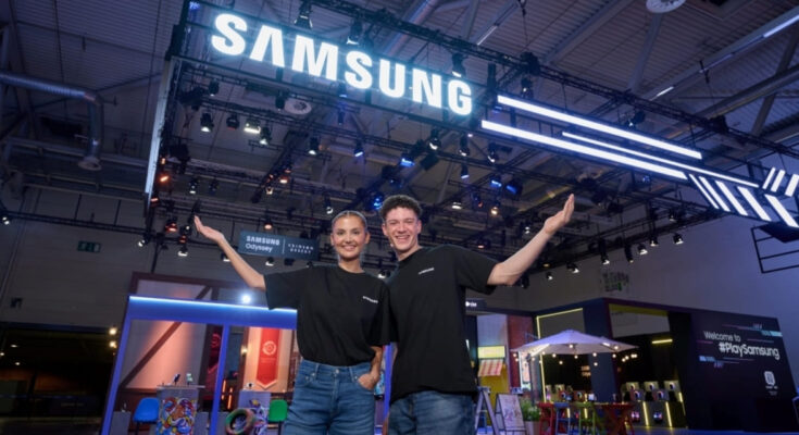 Samsung Gaming Solutions exhibition booth at Gamescom 2026 displaying Odyssey monitors and Galaxy devices.