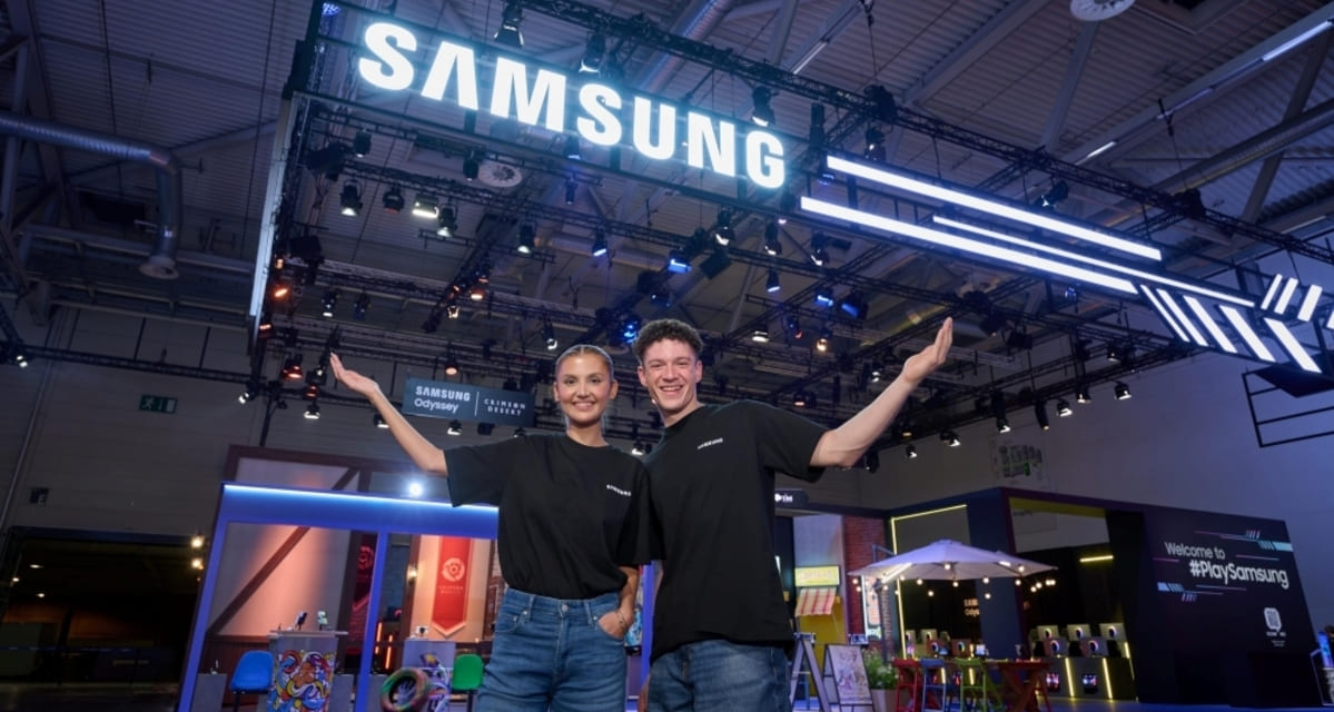 Samsung Gaming Solutions exhibition booth at Gamescom 2026 displaying Odyssey monitors and Galaxy devices.