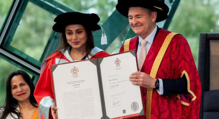 Rani Mukerji accepting her Honorary Doctor of Letters degree from La Trobe University officials in Melbourne.