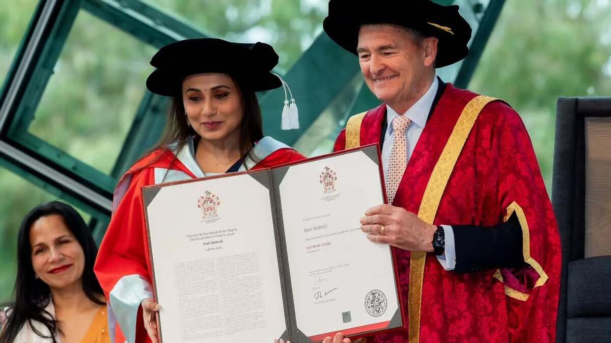 Rani Mukerji accepting her Honorary Doctor of Letters degree from La Trobe University officials in Melbourne.