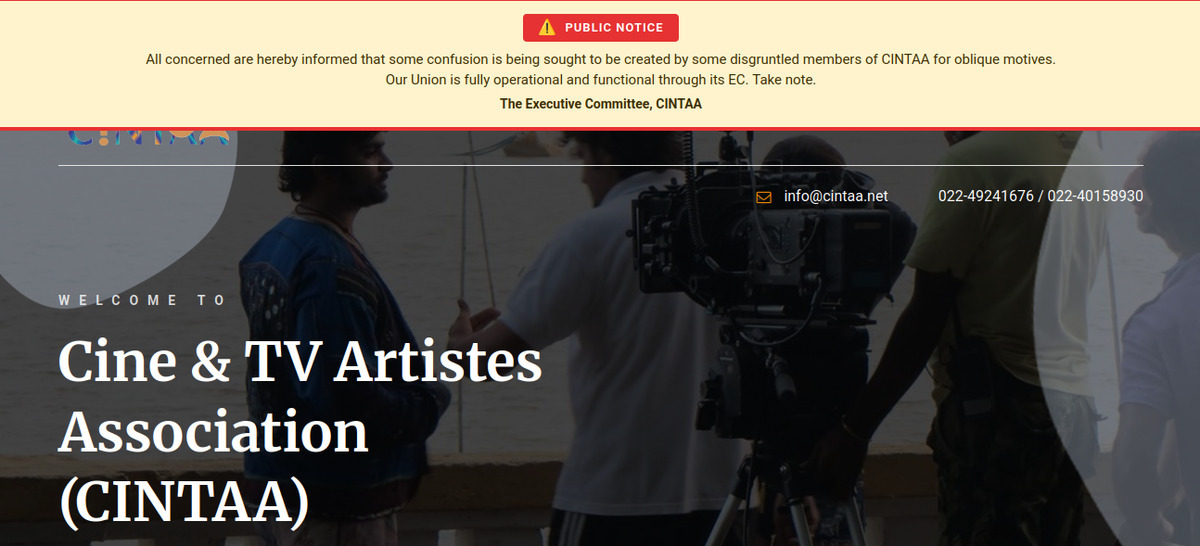 Screenshot of the CINTAA official website public notice dated September 10, 2026, declaring the union fully operational and warning against disgruntled members.