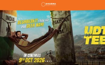 Official poster of the Hindi film Udta Teer featuring Ayushmann Khurrana and Sara Ali Khan, released by Dharma Productions and Sikhya Entertainment.