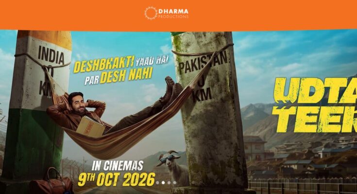 Official poster of the Hindi film Udta Teer featuring Ayushmann Khurrana and Sara Ali Khan, released by Dharma Productions and Sikhya Entertainment.