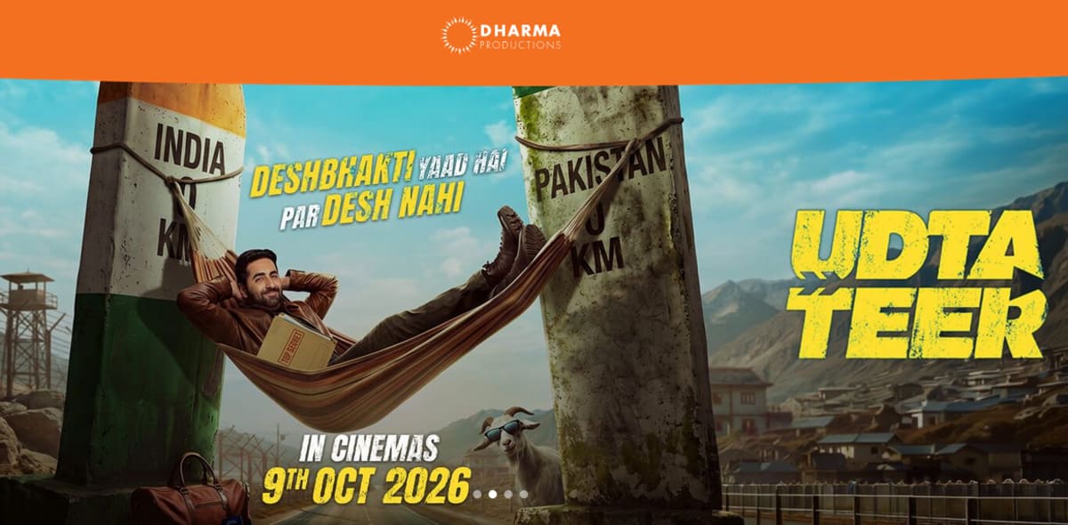 Official poster of the Hindi film Udta Teer featuring Ayushmann Khurrana and Sara Ali Khan, released by Dharma Productions and Sikhya Entertainment.
