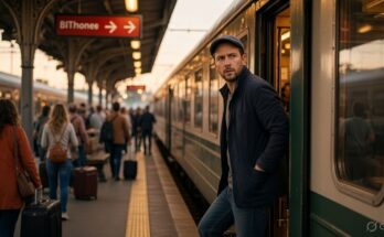 Elias Thorne boards a departing train during his escape in THE SMOKESCREEN political thriller.