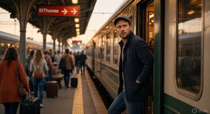 Elias Thorne boards a departing train during his escape in THE SMOKESCREEN political thriller.