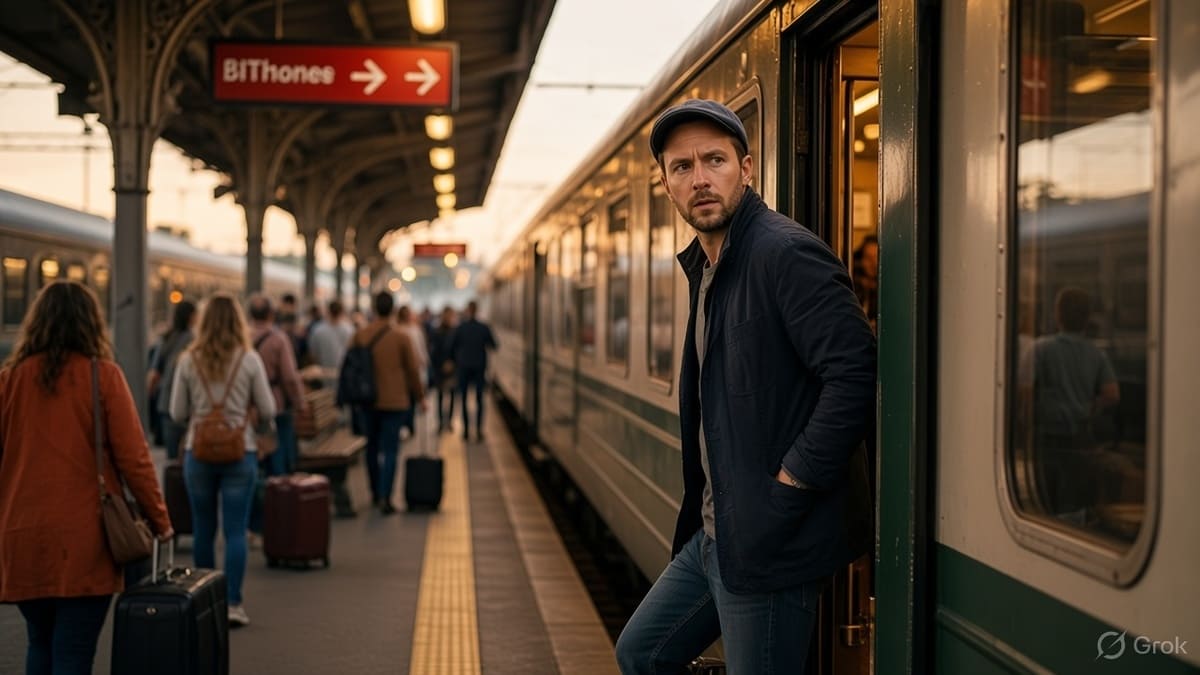 Elias Thorne boards a departing train during his escape in THE SMOKESCREEN political thriller.