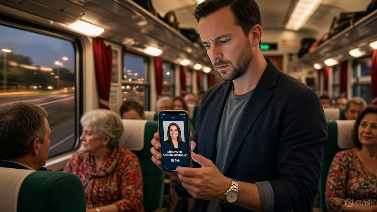 Elias Thorne receives an encrypted message from Sloane Whitaker aboard a moving train.