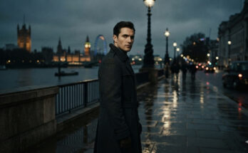 Cinematic portrait conceptual art representing Scottish actor Jack Lowden in a modern tailored suit against a dimly lit London background, illustrating rumors surrounding the next James Bond 007 casting.