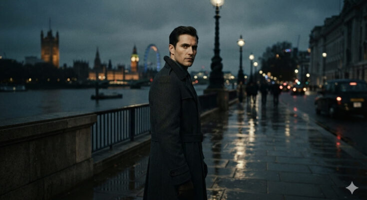 Cinematic portrait conceptual art representing Scottish actor Jack Lowden in a modern tailored suit against a dimly lit London background, illustrating rumors surrounding the next James Bond 007 casting.