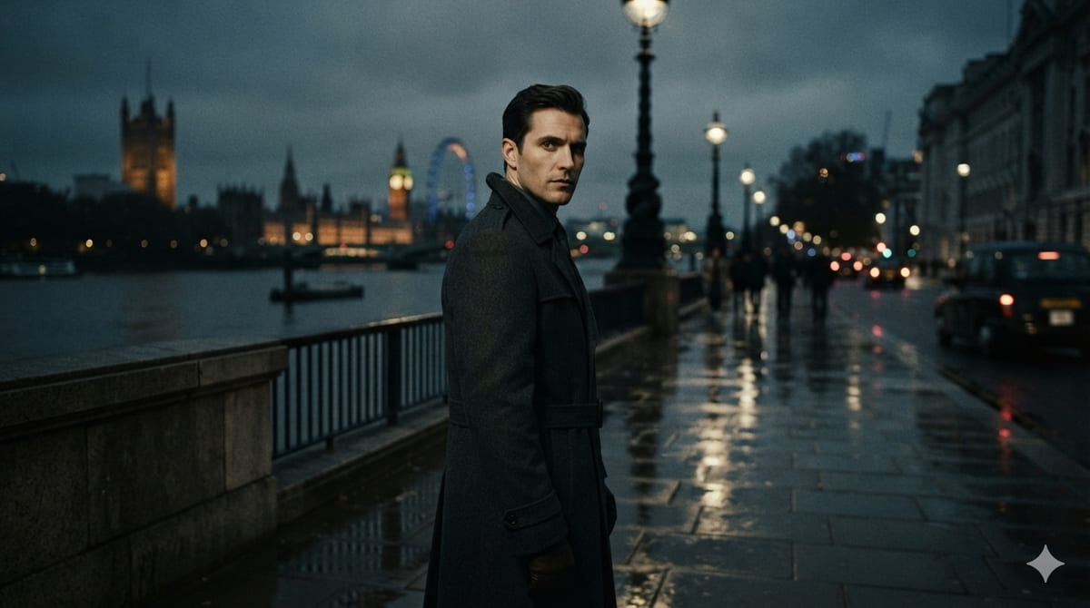 Cinematic portrait conceptual art representing Scottish actor Jack Lowden in a modern tailored suit against a dimly lit London background, illustrating rumors surrounding the next James Bond 007 casting.